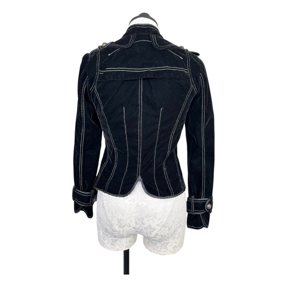 Aziz Black Velvet Military Style Jacket Zip Front Epaulets Bronze Buttons Small - Picture 3 of 14